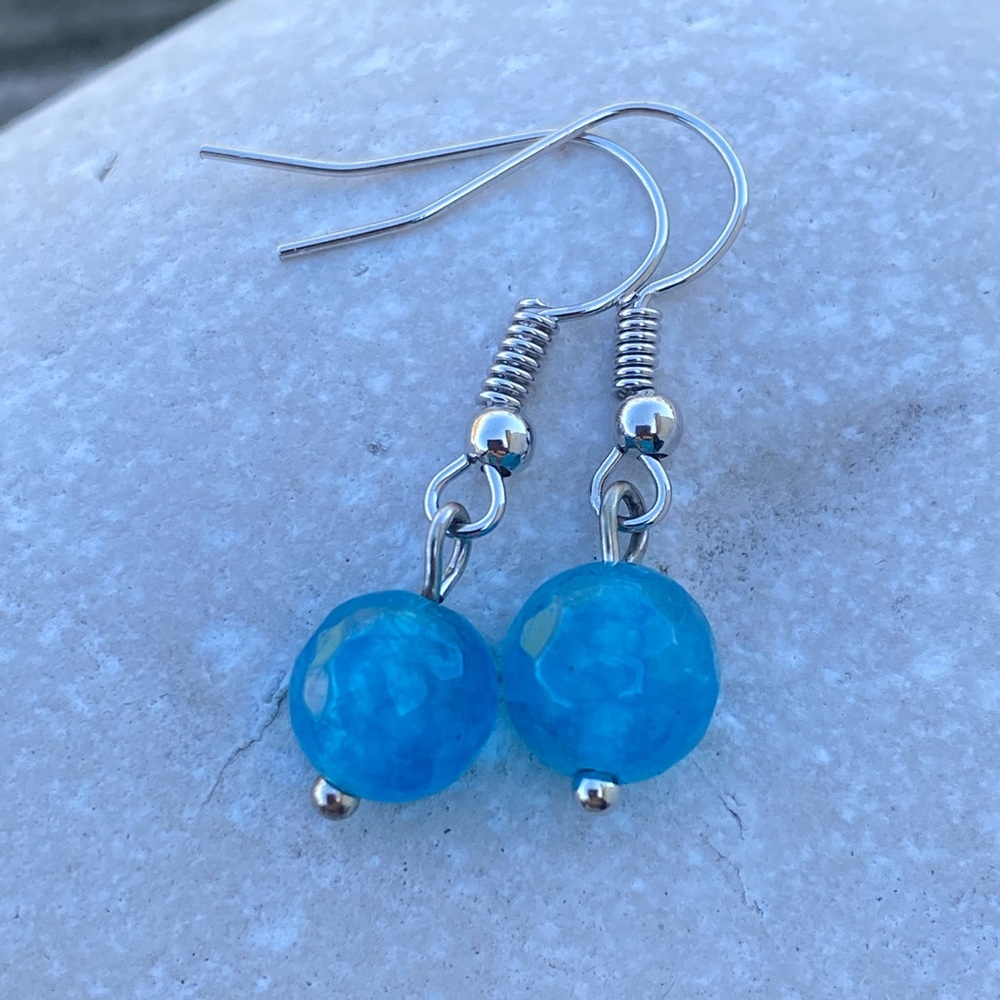Turquoise Blue glass bead drop earrings 8 mm faceted ball bead